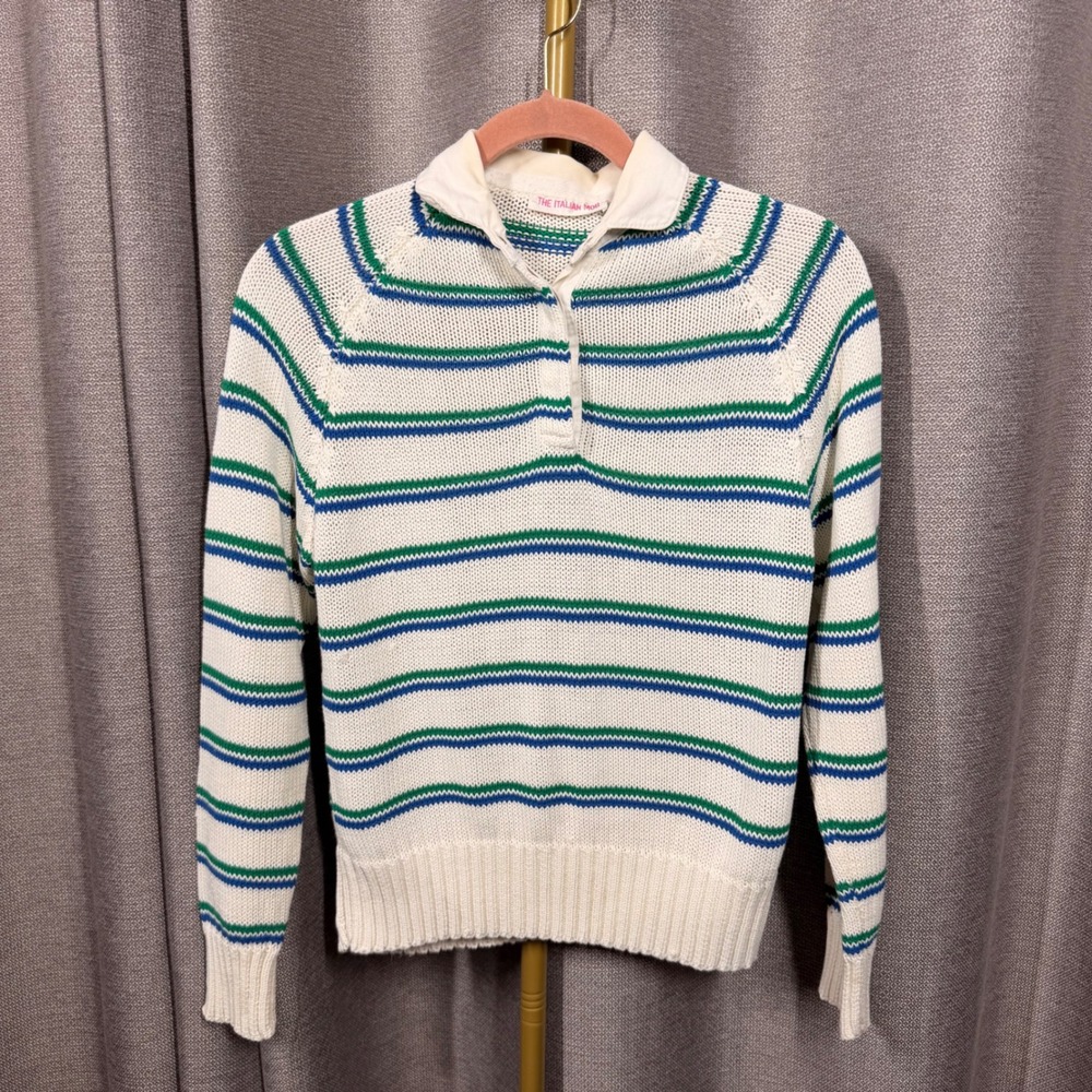 The Italian Mob Striped Knit‎ Sweater White Blue Green Snap Collar Pullover
